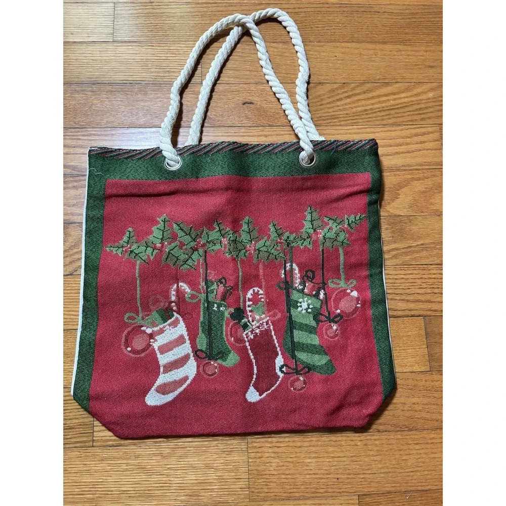 Large Christmas Canvas Tote Bag Holiday Stockings Rope Handles Zipper Closure[J]